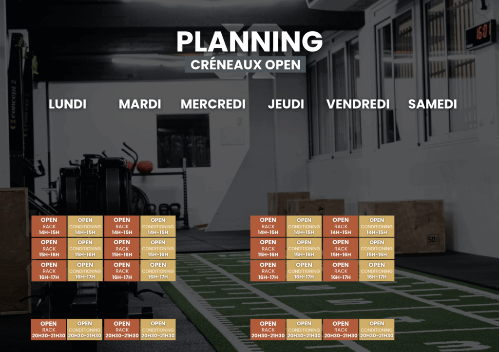 Planning des créneaux Open de la salle Unlock, pendant lesquels les adhérents peuvent s’entraîner en autonomie.