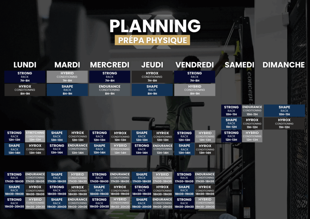 Planning des séances de préparation physique proposées par la salle de sport Unlock.